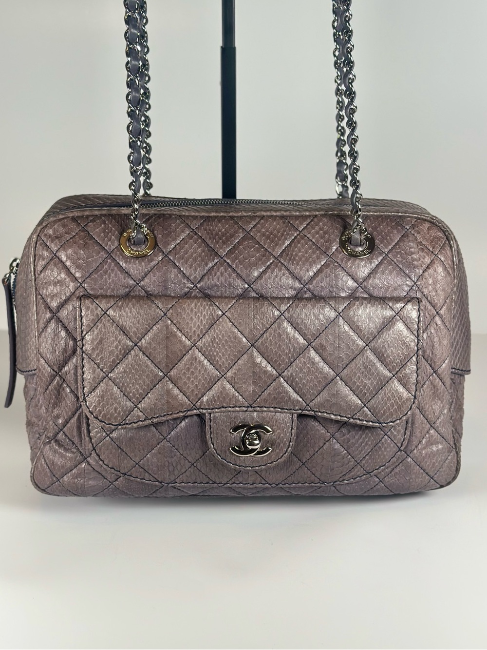 Authentic Python CHANEL Quilted Exotic Camera Shoulder Bag with Chain